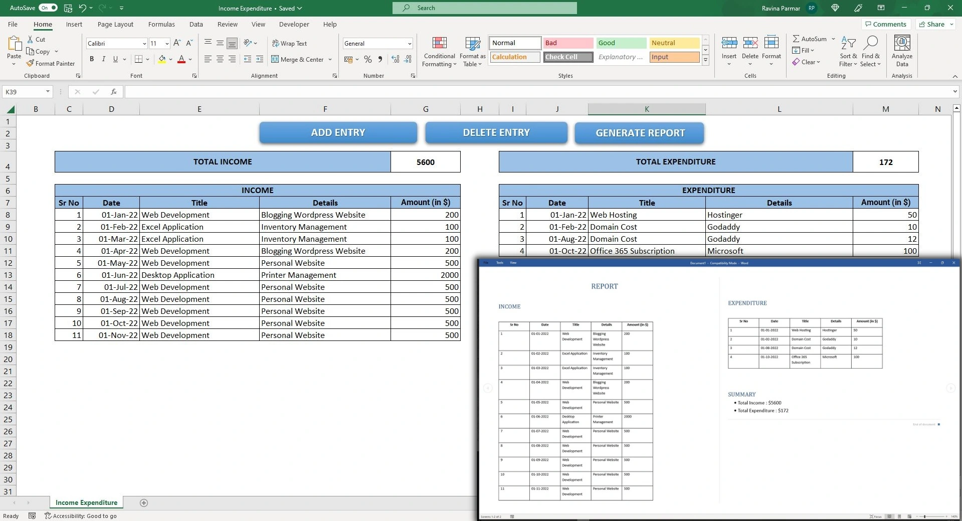 Excel Application to manage income expense